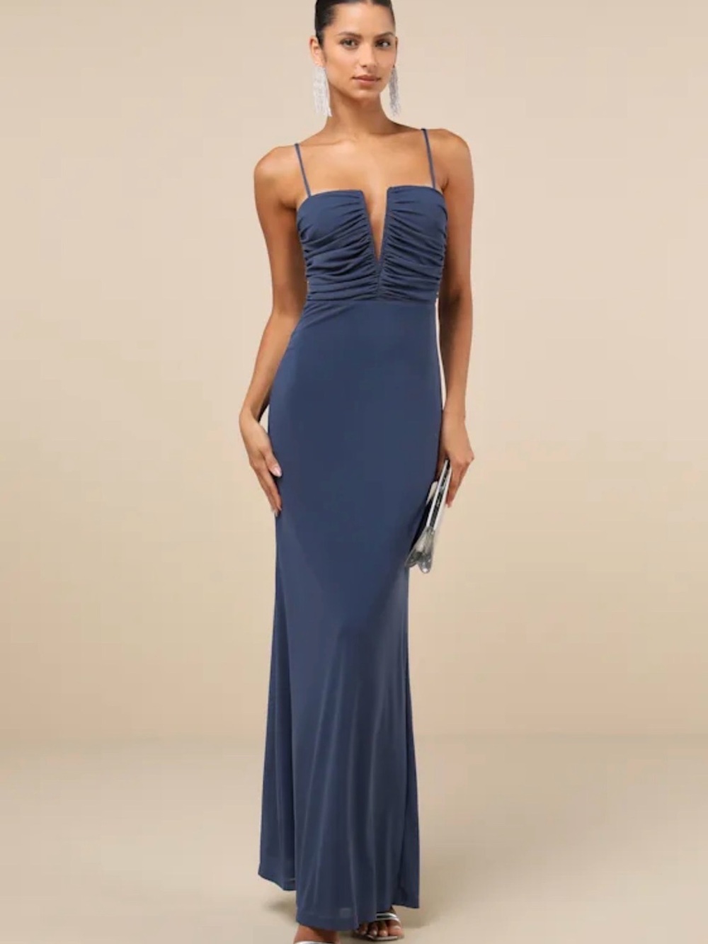 Lulu's Midnight Blue Ruched Plunge Maxi Dress